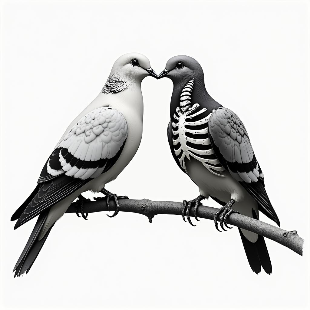 Two doves are perched on a tree branch. One is alive and the other is a skeleton. They are facing each other and their beaks are touching.text-based tattoo, gothic font ultra-realistic, perfectly placed, high-quality font design, photo-realistic shading, 8k, high quality, finely detailed typography