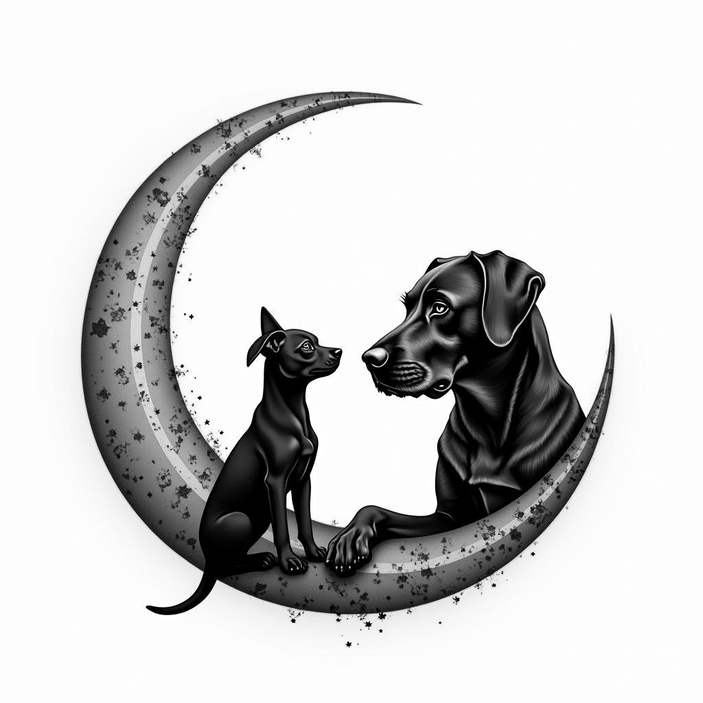 Silhouette with a crescent moon of a mini pinscher dog, a cat, and a large labrador dog.in bohemian style tattoo, 8k - Variation 4