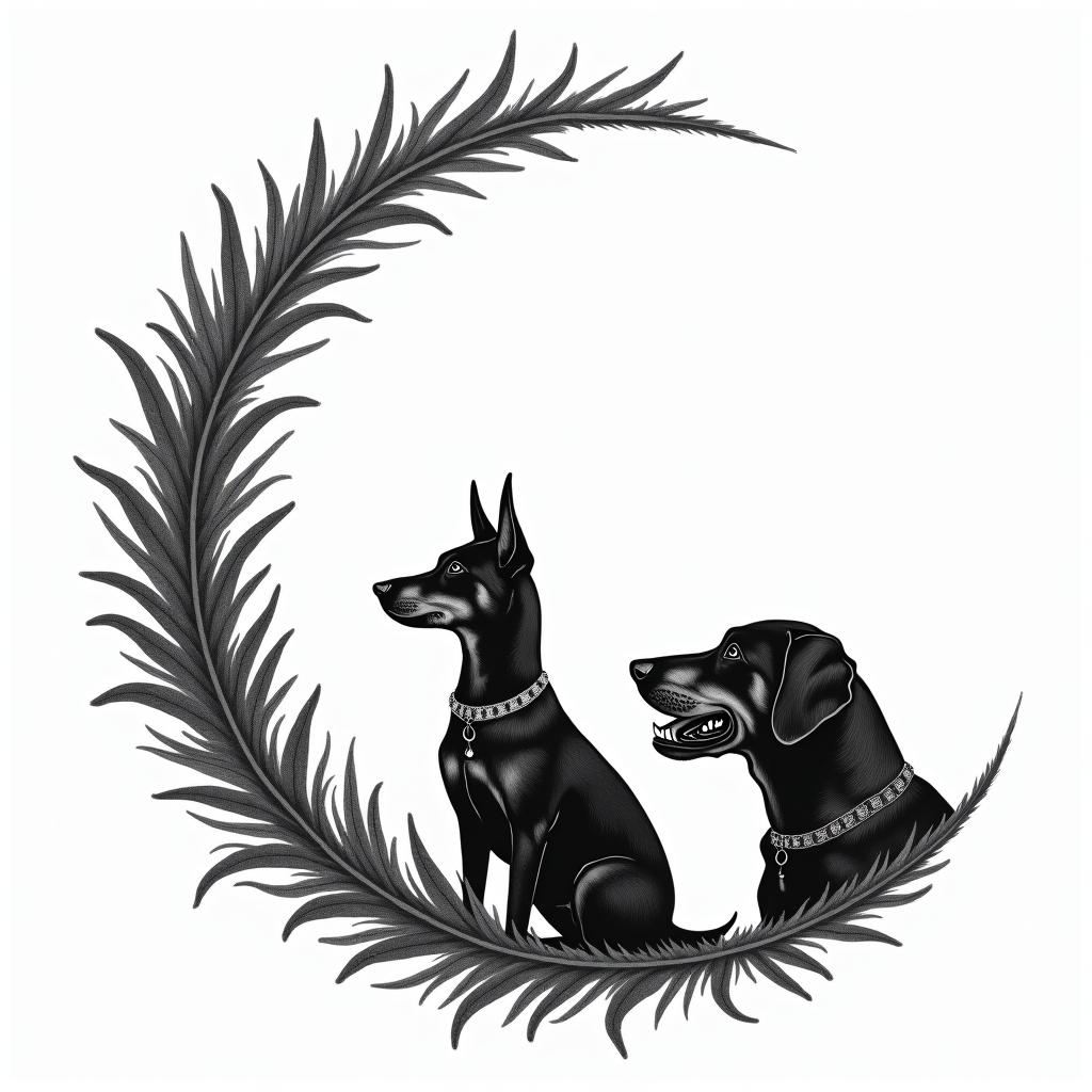 Silhouette with a crescent moon of a mini pinscher dog, a cat, and a large labrador dog.in bohemian style tattoo, 8k - Variation 2