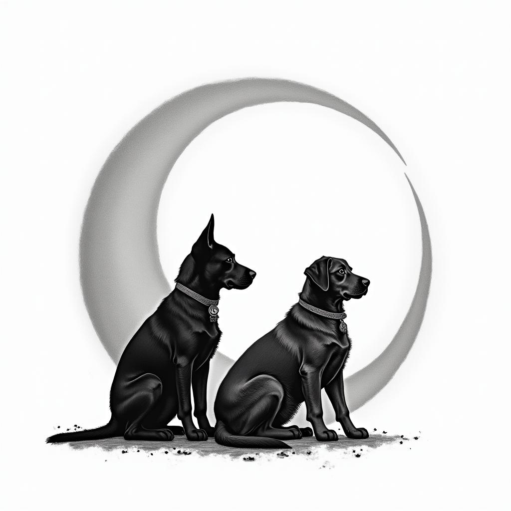 Silhouette with a crescent moon of a mini pinscher dog, a cat, and a large labrador dog.in bohemian style tattoo, 8k