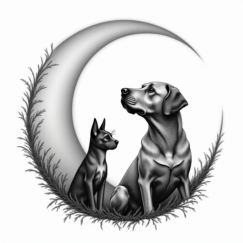 Silhouette with a crescent moon of a mini pinscher dog, a cat, and a large labrador dog.in bohemian style tattoo, 8k - Variation 3