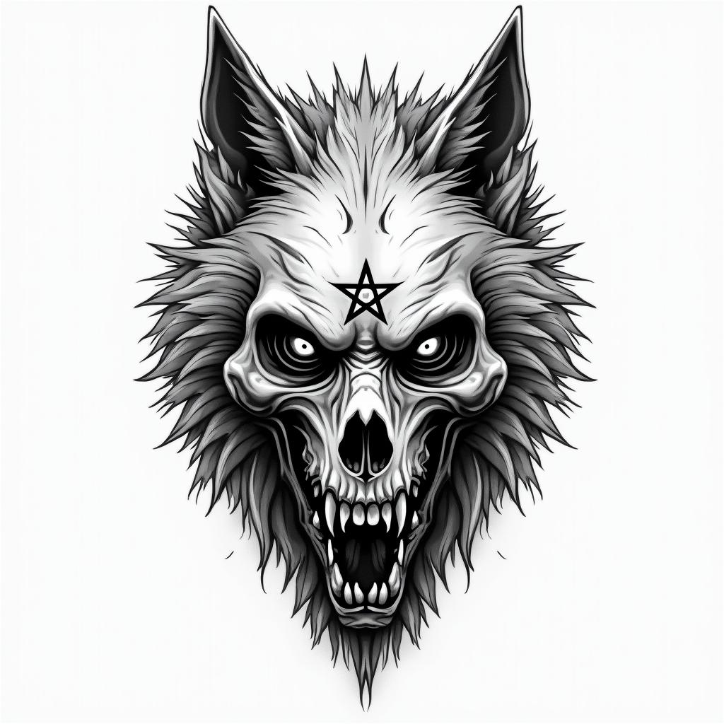 Wolfcreepy horror tattoo style, featuring an eerie and unsettling skull of a demonic creature, distorted face with sharp fangs, add pentagram symbol - Variation 7