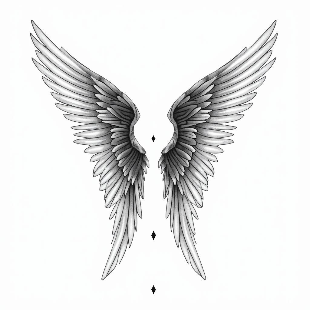 Angel wings with detailed feathersin minimalist style tattoo, featuring simple shapes and fine lines, with minimal shading and details, tiny triangles, creating a sense of balance and harmony - Variation 7