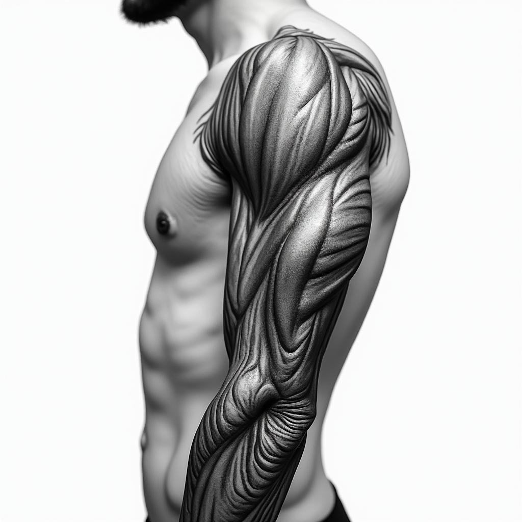 Mechanical and muscle tissue sleevein realism tattoo style, featuring a highly detailed, lifelike, capturing every detail, photorealistic, ultra realistic, intricate shading, smooth and sharp,   - Variation 10