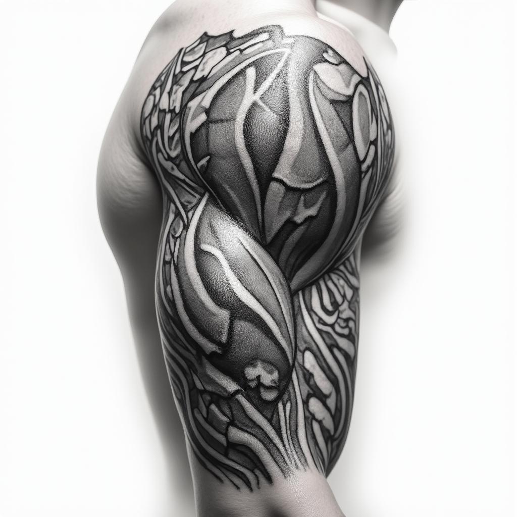 Mechanical and muscle tissue sleevein realism tattoo style, featuring a highly detailed, lifelike, capturing every detail, photorealistic, ultra realistic, intricate shading, smooth and sharp,   - Variation 12