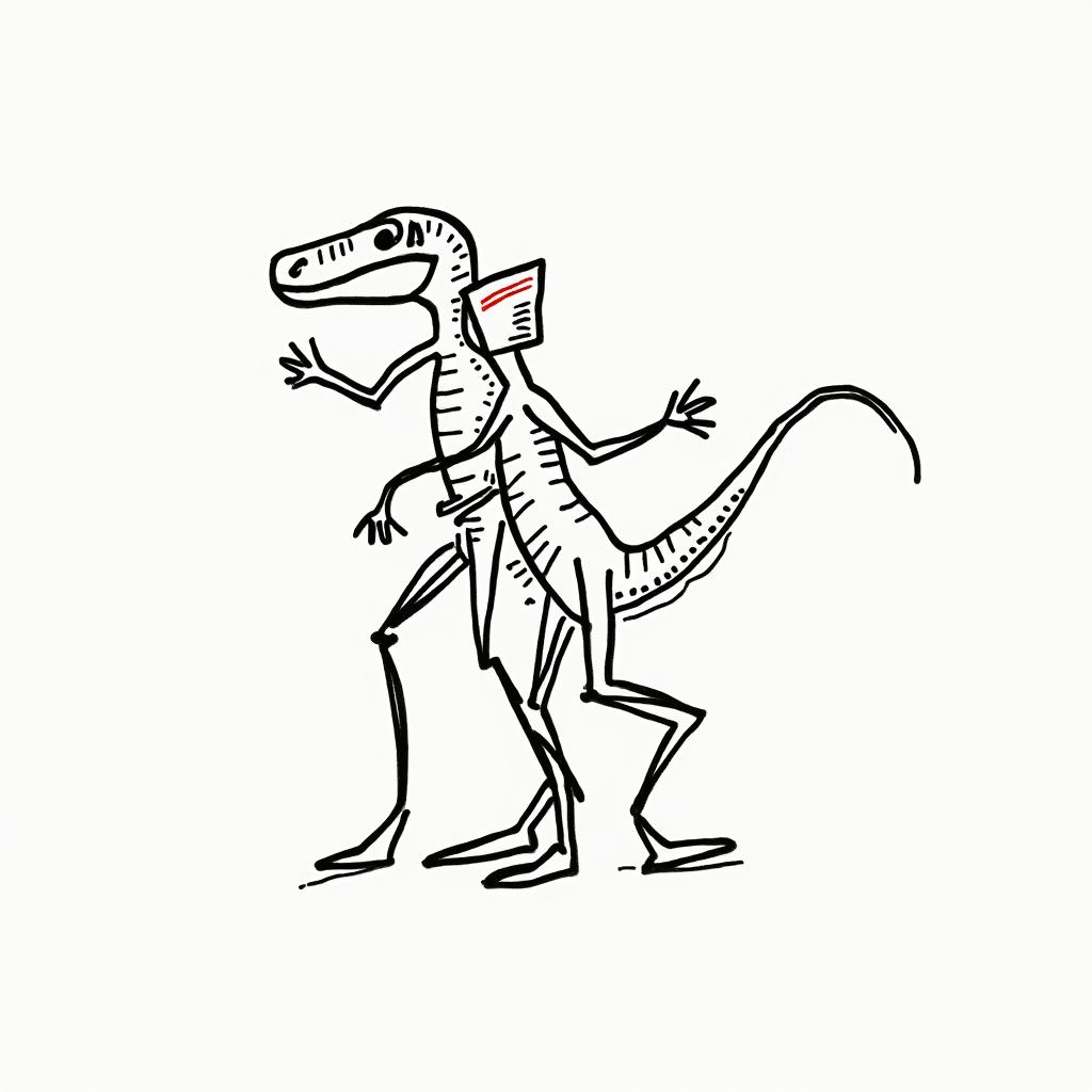 Velociraptorabstract dancing figures in Keith Haring style, featuring bold black outlines and solid color fills, figures posed in dynamic and playful dance movements, minimalist design - Variation 1