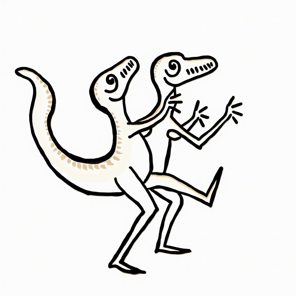 Velociraptorabstract dancing figures in Keith Haring style, featuring bold black outlines and solid color fills, figures posed in dynamic and playful dance movements, minimalist design - Variation 4