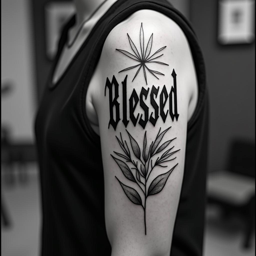 Blessedtext-based tattoo, gothic font ultra-realistic, perfectly placed, high-quality font design, photo-realistic shading, 8k, high quality, finely detailed typography - Variation 2