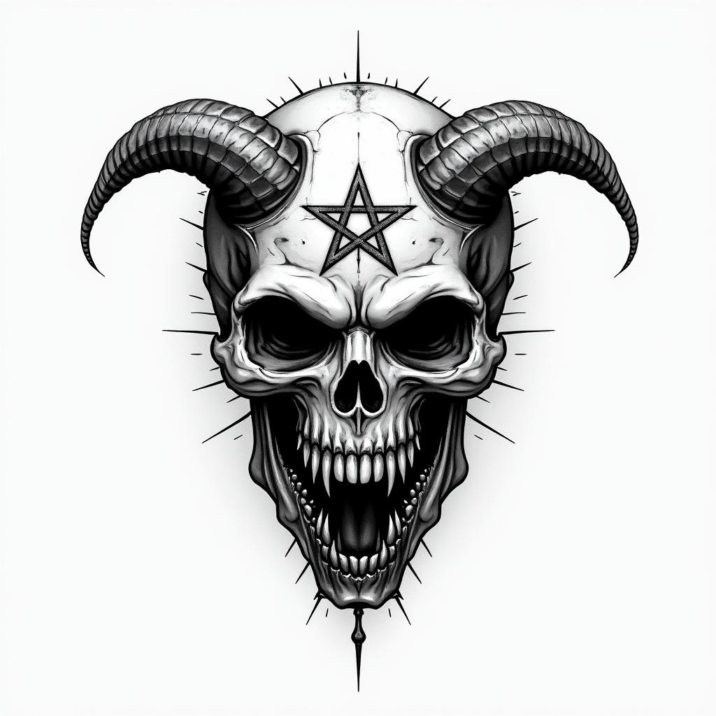 Tiago, Sagittarius, Botelhos MGcreepy horror tattoo style, featuring an eerie and unsettling skull of a demonic creature, distorted face with sharp fangs, add pentagram symbol - Variation 4