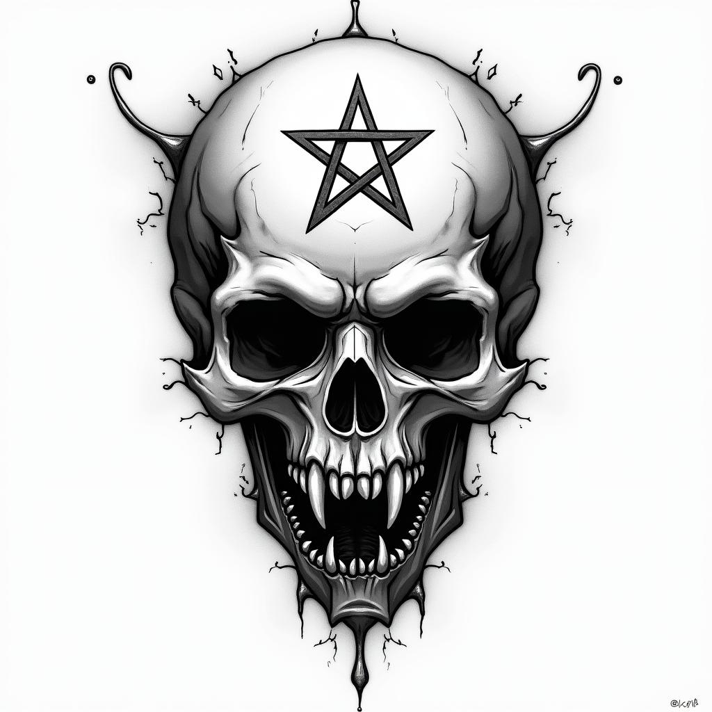 Tiago, Sagittarius, Botelhos MGcreepy horror tattoo style, featuring an eerie and unsettling skull of a demonic creature, distorted face with sharp fangs, add pentagram symbol - Variation 3