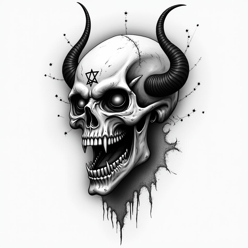 Tiago, Sagittarius, Botelhos MGcreepy horror tattoo style, featuring an eerie and unsettling skull of a demonic creature, distorted face with sharp fangs, add pentagram symbol
