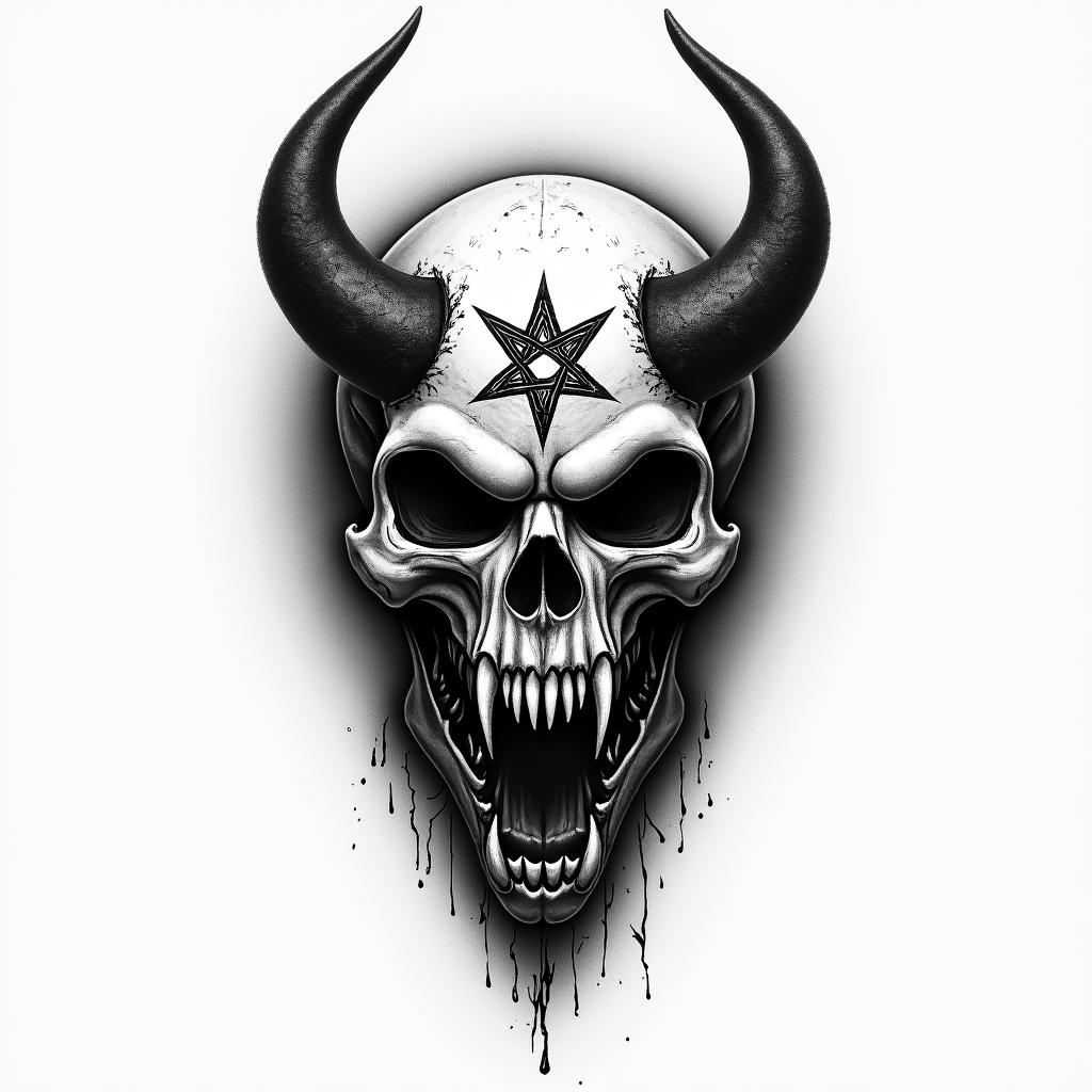 Tiago, Sagittarius, Botelhos MGcreepy horror tattoo style, featuring an eerie and unsettling skull of a demonic creature, distorted face with sharp fangs, add pentagram symbol - Variation 2