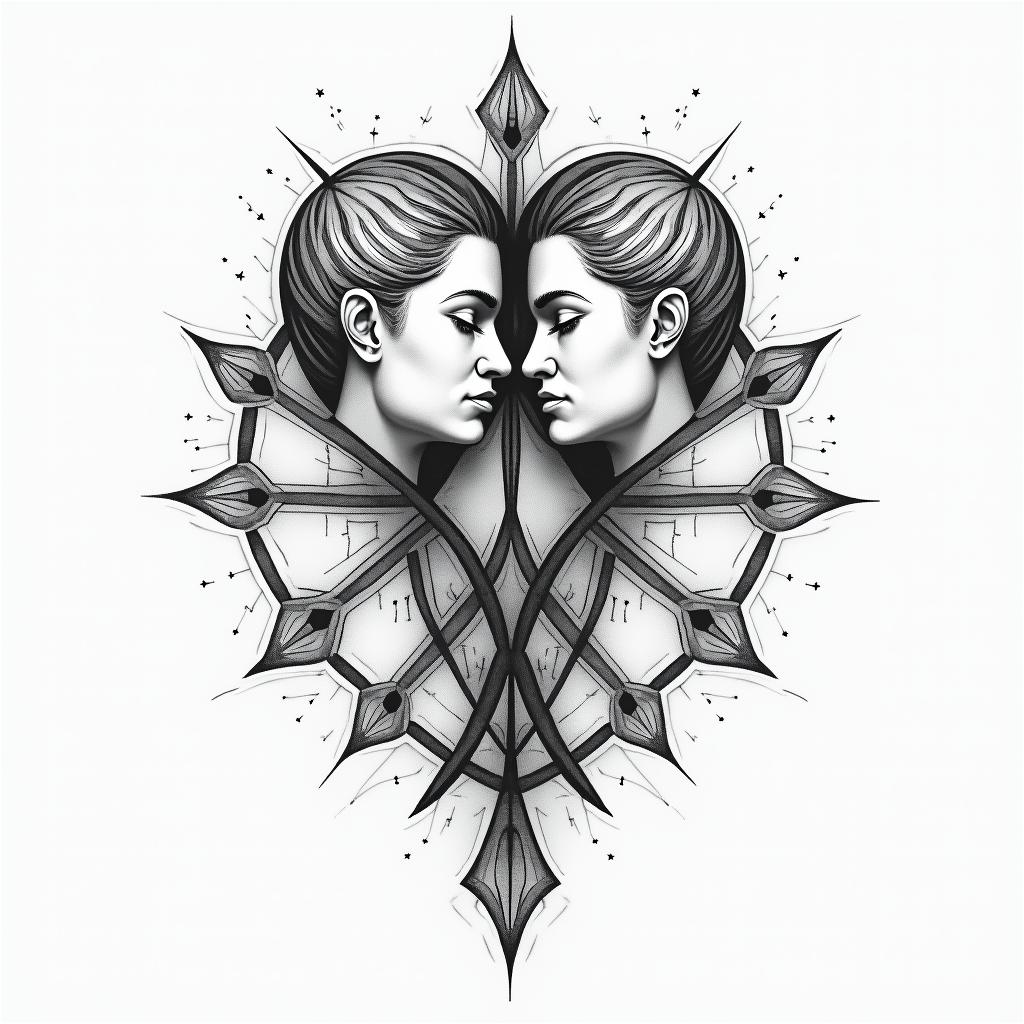 A geometric and abstract tattoo design symbolizing a strong relationship between Cristina and Ramses, representing their journey through challenges and their desire to create a family. Incorporate elements that reflect both Romania and Venezuela, possibly using shapes and symbols from both cultures, intertwined or connected, to signify their bond.higly detailed tattoo - Variation 4