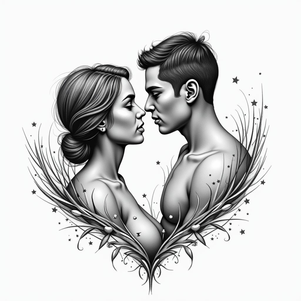 A geometric and abstract tattoo design symbolizing a strong relationship between Cristina and Ramses, representing their journey through challenges and their desire to create a family. Incorporate elements that reflect both Romania and Venezuela, possibly using shapes and symbols from both cultures, intertwined or connected, to signify their bond.higly detailed tattoo - Variation 3