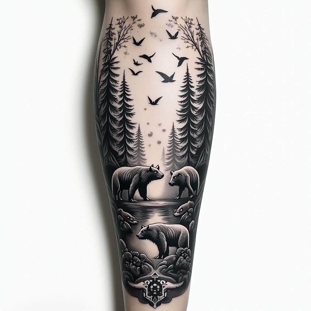 Full arm sleeve, forest theme, with birds, wolves, bears, and a sunrisetattoo in biomechanic style, the tattoo covered by robotic elements of futuristic cyberpunk design, robotic features detail, showcasing intricate mechanical components - Variation 4