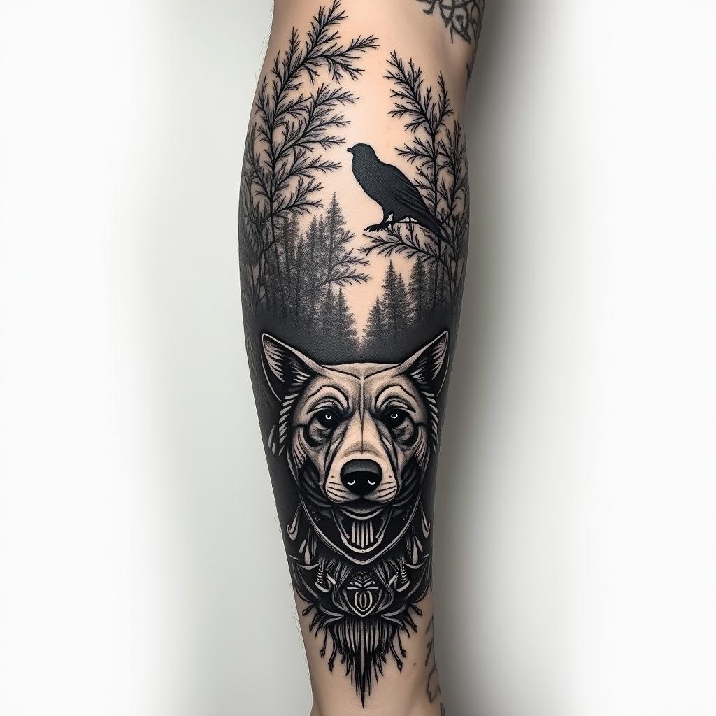 Full arm sleeve, forest theme, with birds, wolves, bears, and a sunrisetattoo in biomechanic style, the tattoo covered by robotic elements of futuristic cyberpunk design, robotic features detail, showcasing intricate mechanical components - Variation 2