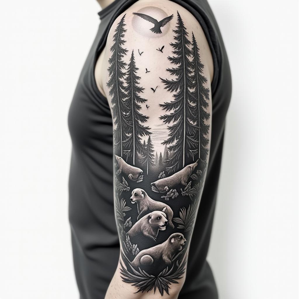 Full arm sleeve, forest theme, with birds, wolves, bears, and a sunrisetattoo in biomechanic style, the tattoo covered by robotic elements of futuristic cyberpunk design, robotic features detail, showcasing intricate mechanical components - Variation 3