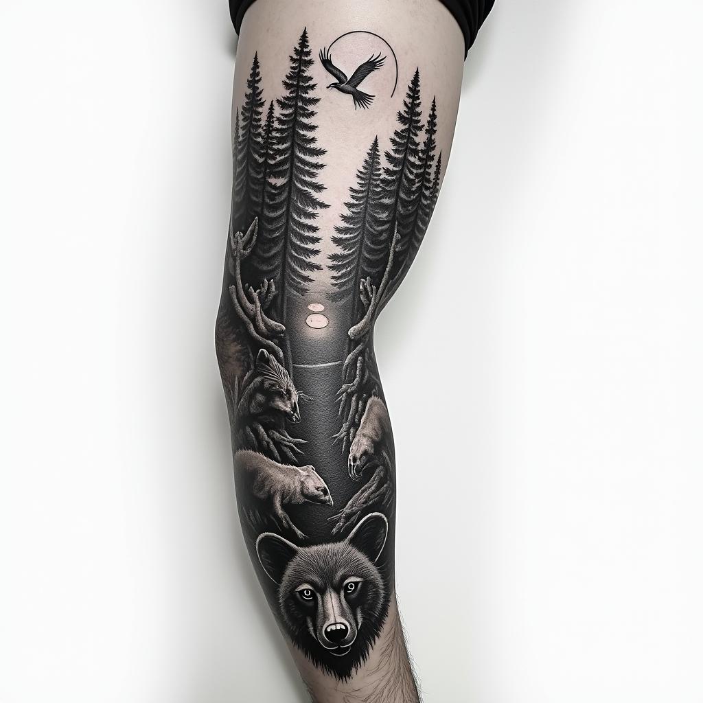 Full arm sleeve, forest theme, with birds, wolves, bears, and a sunrisetattoo in biomechanic style, the tattoo covered by robotic elements of futuristic cyberpunk design, robotic features detail, showcasing intricate mechanical components - Variation 1