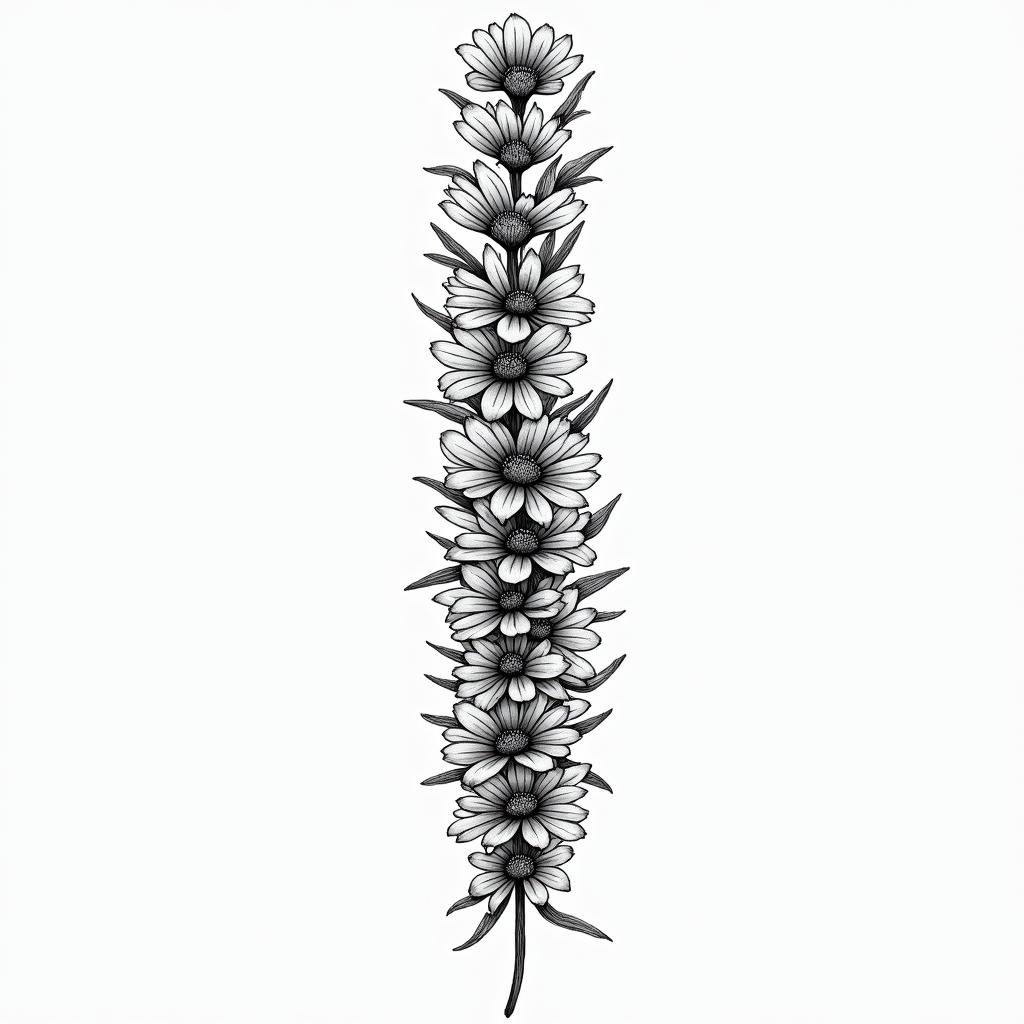 A spine tattoo featuring a collection of wildflowers in a black ink style, incorporating July birth flowers, symbolizing growth and resilience in a beautiful and elegant design.higly detailed tattoo - Variation 3