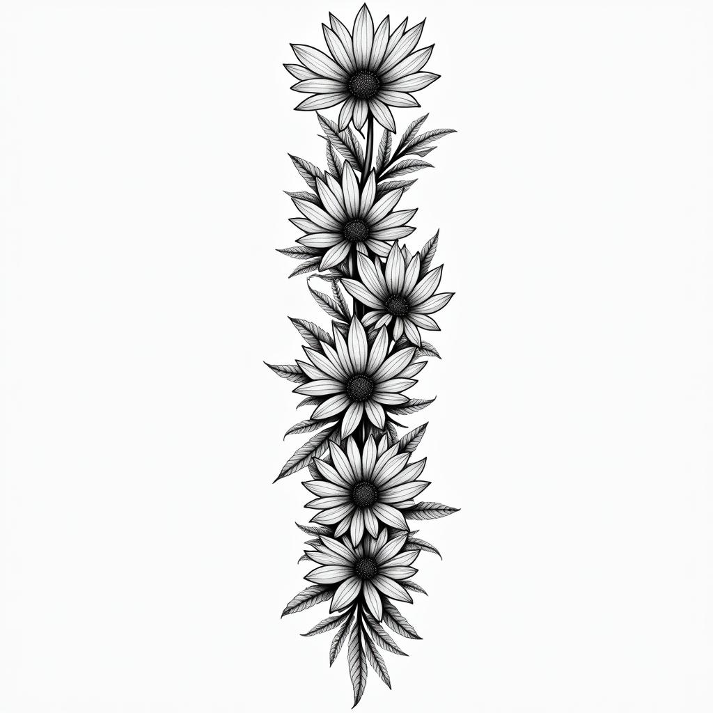 A spine tattoo featuring a collection of wildflowers in a black ink style, incorporating July birth flowers, symbolizing growth and resilience in a beautiful and elegant design.higly detailed tattoo - Variation 4