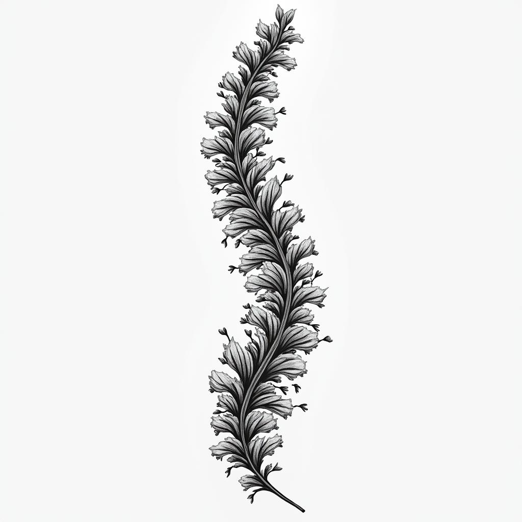 A spine tattoo featuring a collection of wildflowers in a black ink style, incorporating July birth flowers, symbolizing growth and resilience in a beautiful and elegant design.higly detailed tattoo