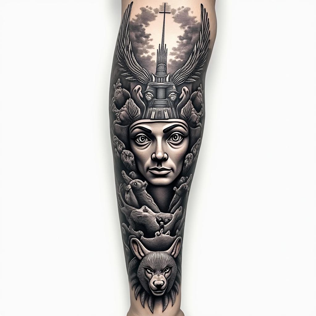 Full arm sleeve, forest theme, with birds, wolves, bears, and a sunrisein egyptian style tattoo, bold elements of ancient egyptian culture including a portrait of an Egyptian pharaoh with detailed facial features, in hieroglyphs and symbolic imagery, eye of horus, ankh symbol, scarab beetle - Variation 3