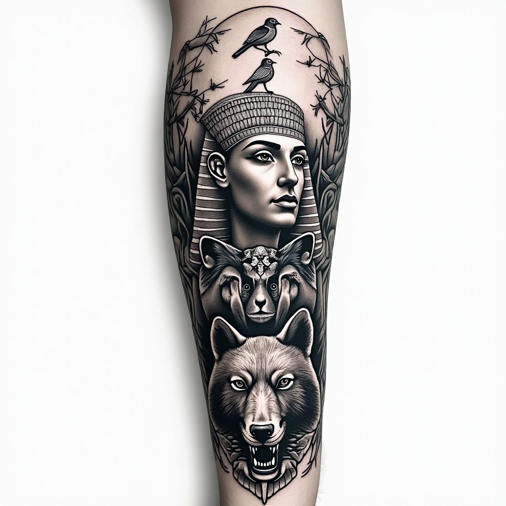 Full arm sleeve, forest theme, with birds, wolves, bears, and a sunrisein egyptian style tattoo, bold elements of ancient egyptian culture including a portrait of an Egyptian pharaoh with detailed facial features, in hieroglyphs and symbolic imagery, eye of horus, ankh symbol, scarab beetle - Variation 2