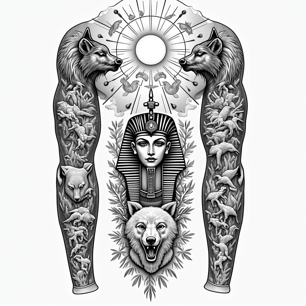 Full arm sleeve, forest theme, with birds, wolves, bears, and a sunrisein egyptian style tattoo, bold elements of ancient egyptian culture including a portrait of an Egyptian pharaoh with detailed facial features, in hieroglyphs and symbolic imagery, eye of horus, ankh symbol, scarab beetle - Variation 4