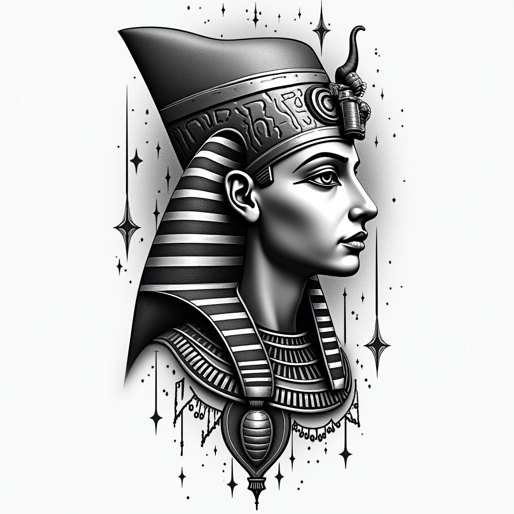 Egocentricin egyptian style tattoo, bold elements of ancient egyptian culture including a portrait of an Egyptian pharaoh with detailed facial features, in hieroglyphs and symbolic imagery, eye of horus, ankh symbol, scarab beetle - Variation 2