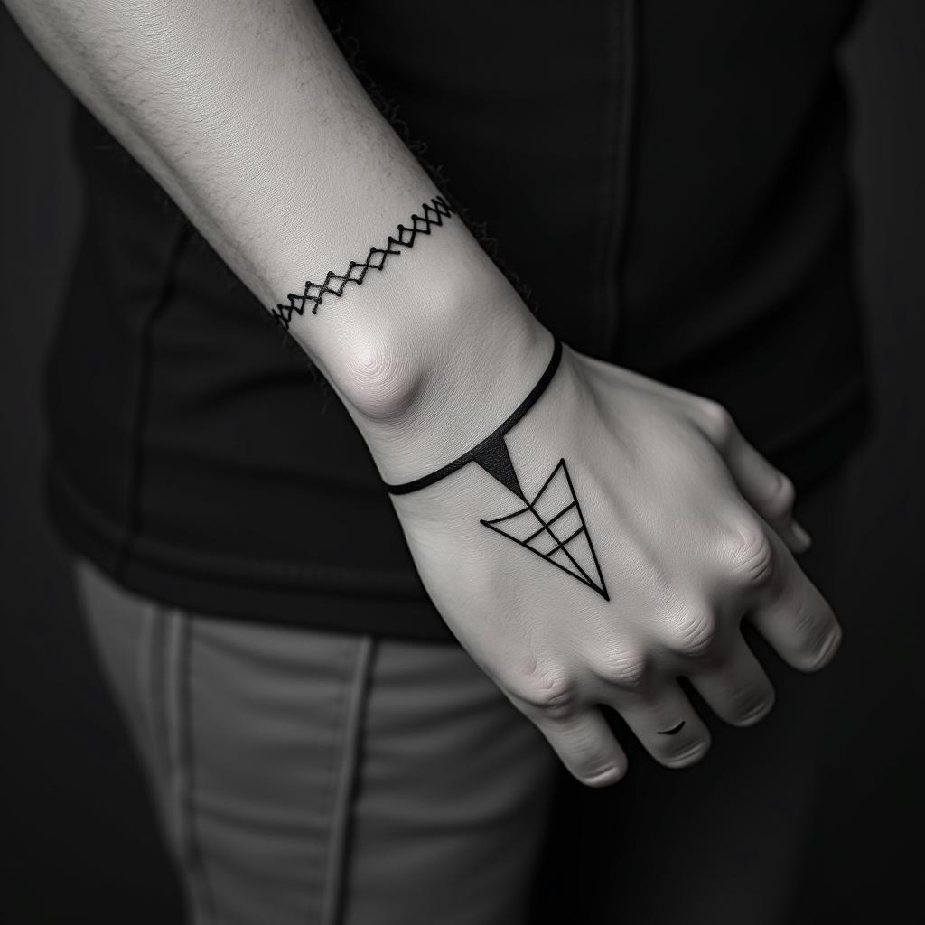 Malein minimalist style tattoo, featuring simple shapes and fine lines, with minimal shading and details, tiny triangles, creating a sense of balance and harmony - Variation 3