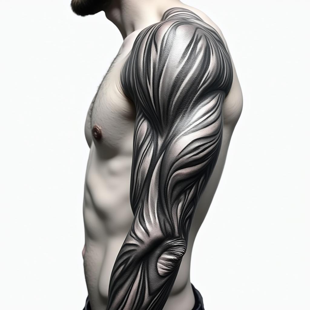Mechanical and muscle tissue sleevein realism tattoo style, featuring a highly detailed, lifelike, capturing every detail, photorealistic, ultra realistic, intricate shading, smooth and sharp,   - Variation 8