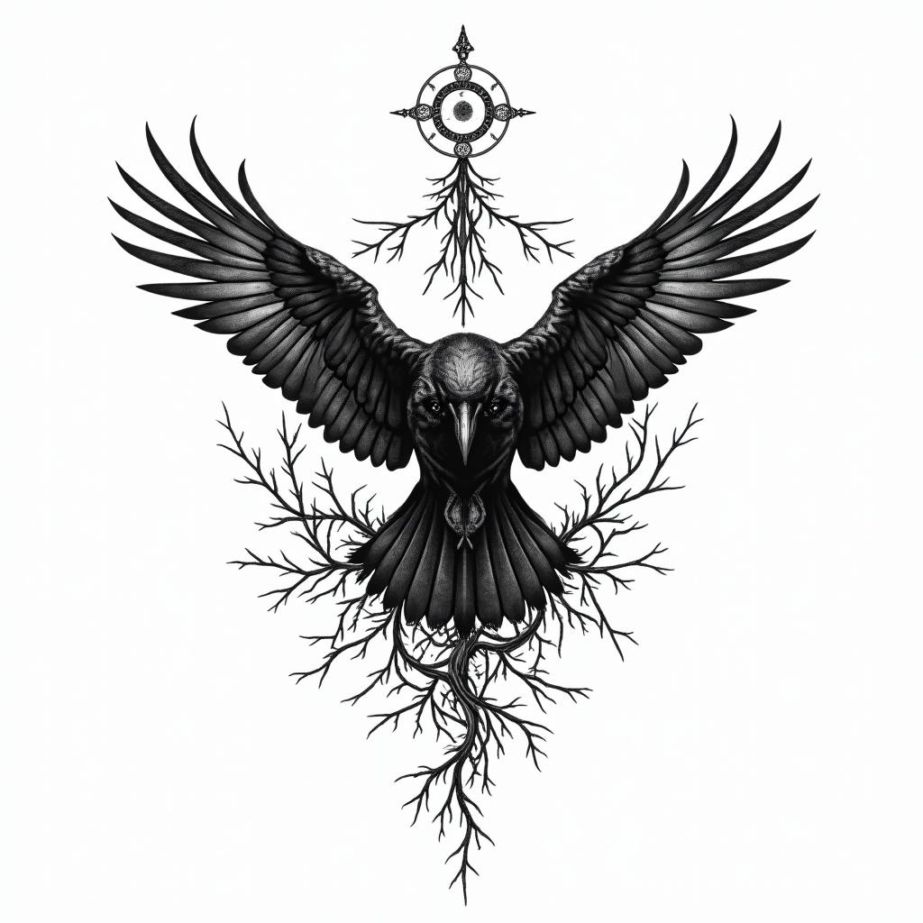 Crow, tangled thorns, flapping, sideways,in paganic style tattoo, featuring ancient symbols, add vegvisir symbol, mystical figures, incorporating designs, pentagrams, runes, crescent moons, - Variation 3