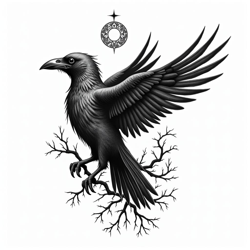 Crow, tangled thorns, flapping, sideways,in paganic style tattoo, featuring ancient symbols, add vegvisir symbol, mystical figures, incorporating designs, pentagrams, runes, crescent moons, - Variation 4