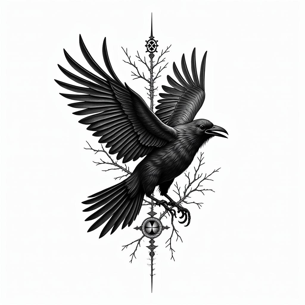 Crow, tangled thorns, flapping, sideways,in paganic style tattoo, featuring ancient symbols, add vegvisir symbol, mystical figures, incorporating designs, pentagrams, runes, crescent moons,