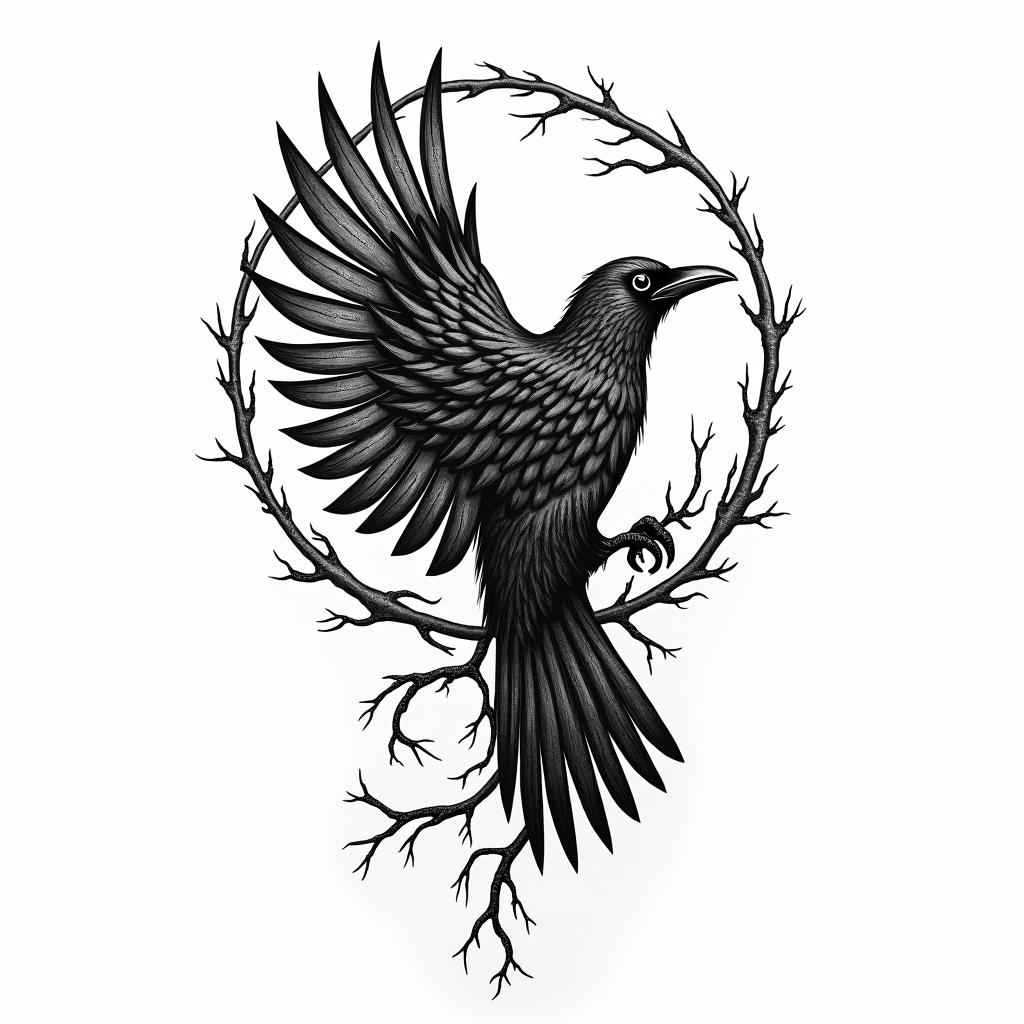 Crow, tangled thorns, flapping, sideways,in paganic style tattoo, featuring ancient symbols, add vegvisir symbol, mystical figures, incorporating designs, pentagrams, runes, crescent moons, - Variation 2