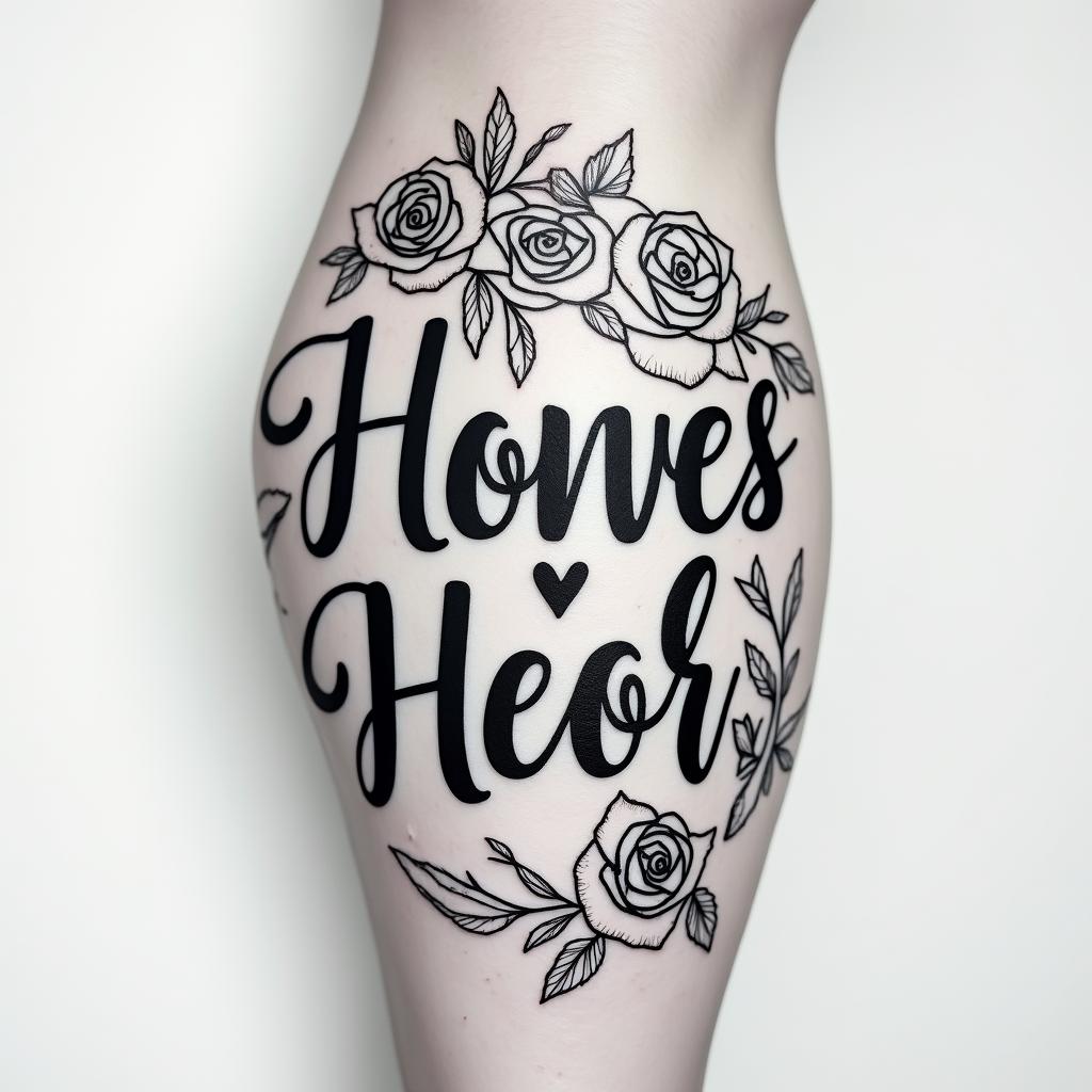 Malein elegant cursive calligraphy style 2d tattoo, decorate with roses, featuring a smooth and flowing handwritten script with slightly thickened strokes for a luxurious and bold appearance, heart symbol between names, sleek and glossy black text with shadowing, minimalist matte white background, clean and sharp edges, illuminated with soft lighting, romantic, 8k, high-quality textures with refined typography - Variation 3
