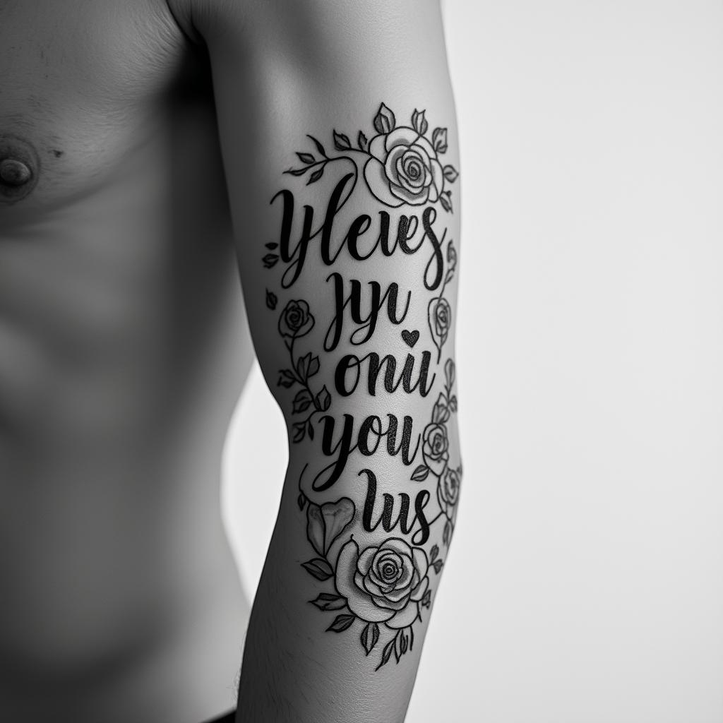 Malein elegant cursive calligraphy style 2d tattoo, decorate with roses, featuring a smooth and flowing handwritten script with slightly thickened strokes for a luxurious and bold appearance, heart symbol between names, sleek and glossy black text with shadowing, minimalist matte white background, clean and sharp edges, illuminated with soft lighting, romantic, 8k, high-quality textures with refined typography - Variation 1