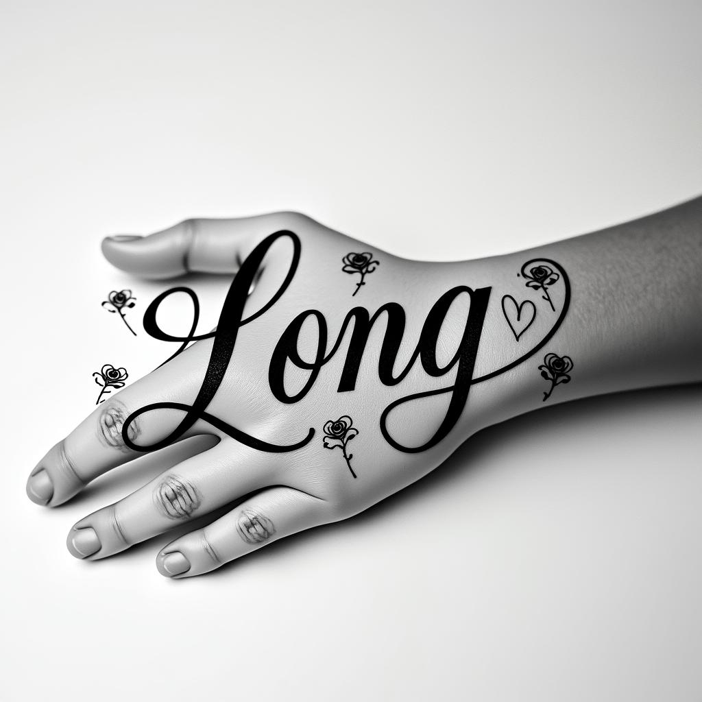 Malein elegant cursive calligraphy style 2d tattoo, decorate with roses, featuring a smooth and flowing handwritten script with slightly thickened strokes for a luxurious and bold appearance, heart symbol between names, sleek and glossy black text with shadowing, minimalist matte white background, clean and sharp edges, illuminated with soft lighting, romantic, 8k, high-quality textures with refined typography - Variation 2