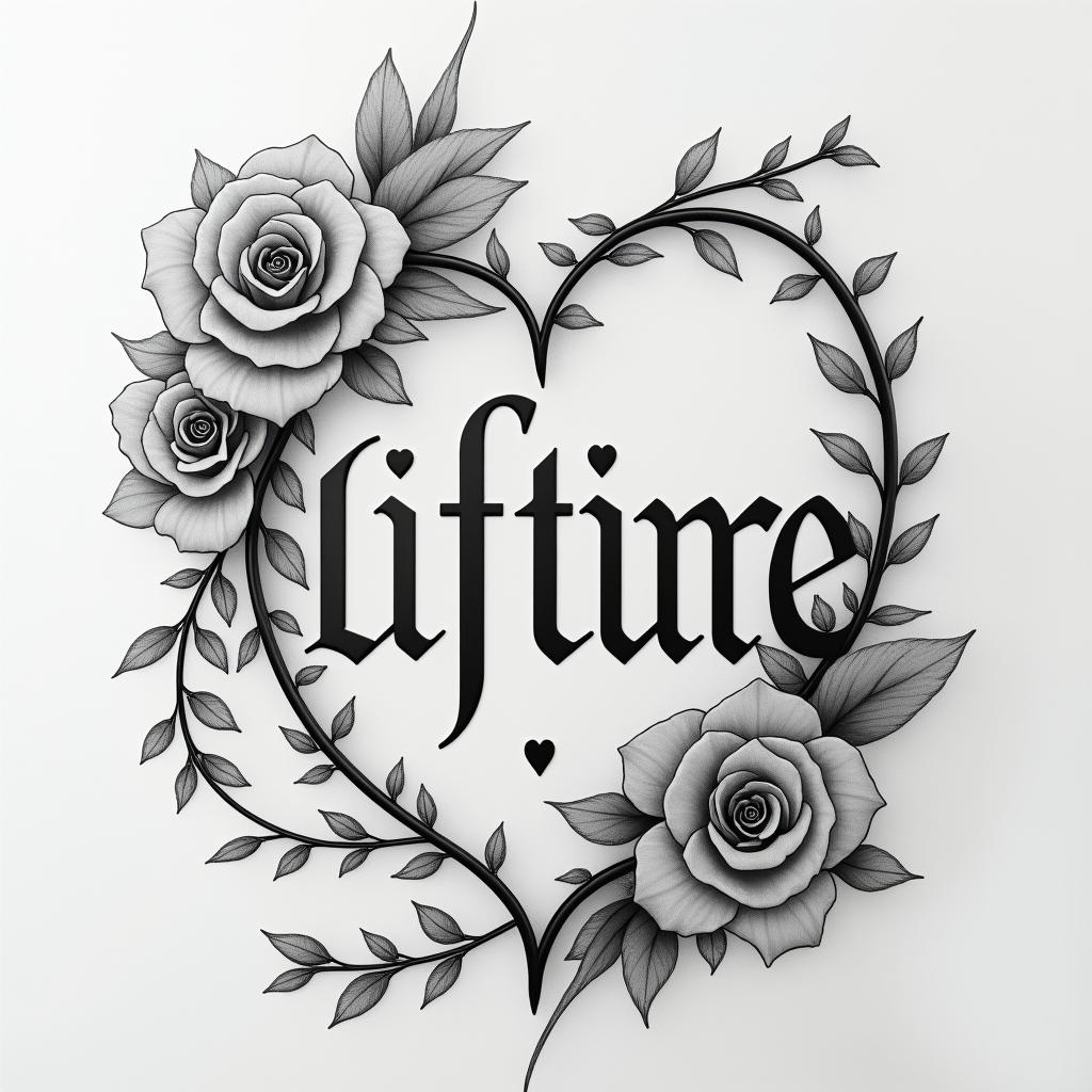 Malein elegant cursive calligraphy style 2d tattoo, decorate with roses, featuring a smooth and flowing handwritten script with slightly thickened strokes for a luxurious and bold appearance, heart symbol between names, sleek and glossy black text with shadowing, minimalist matte white background, clean and sharp edges, illuminated with soft lighting, romantic, 8k, high-quality textures with refined typography - Variation 4