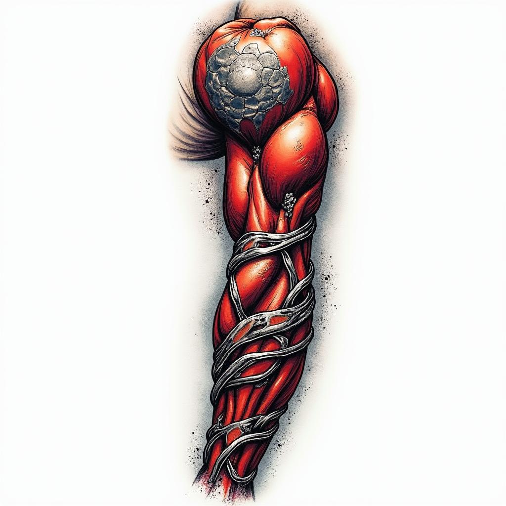 Mechanical and muscle tissue sleevein pop art style tattoo, featuring bold and vibrant colors, exaggerated outlines, iconic imagery, inspired by comic books and speech bubbles, comic book characters, retro pop culture - Variation 5
