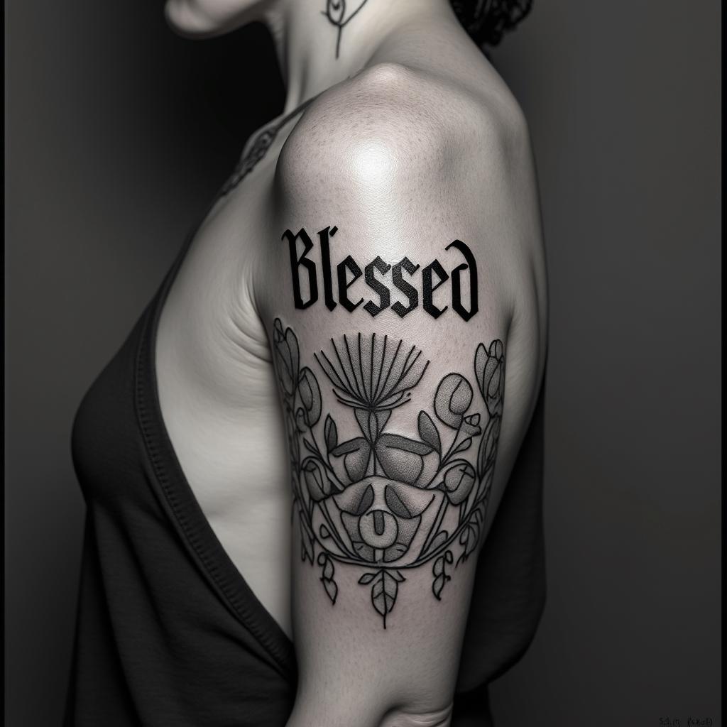 Blessedtext-based tattoo, gothic font ultra-realistic, perfectly placed, high-quality font design, photo-realistic shading, 8k, high quality, finely detailed typography