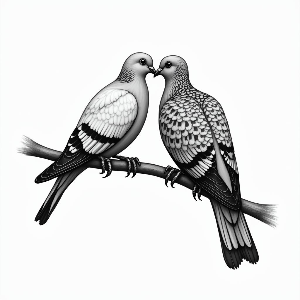 Two doves resting on a tree branch. One is alive and the other is the complete skeleton of a dove. They are facing each other and their beaks are touching. The tattoo should represent life and death.higly detailed tattoo - Variation 2
