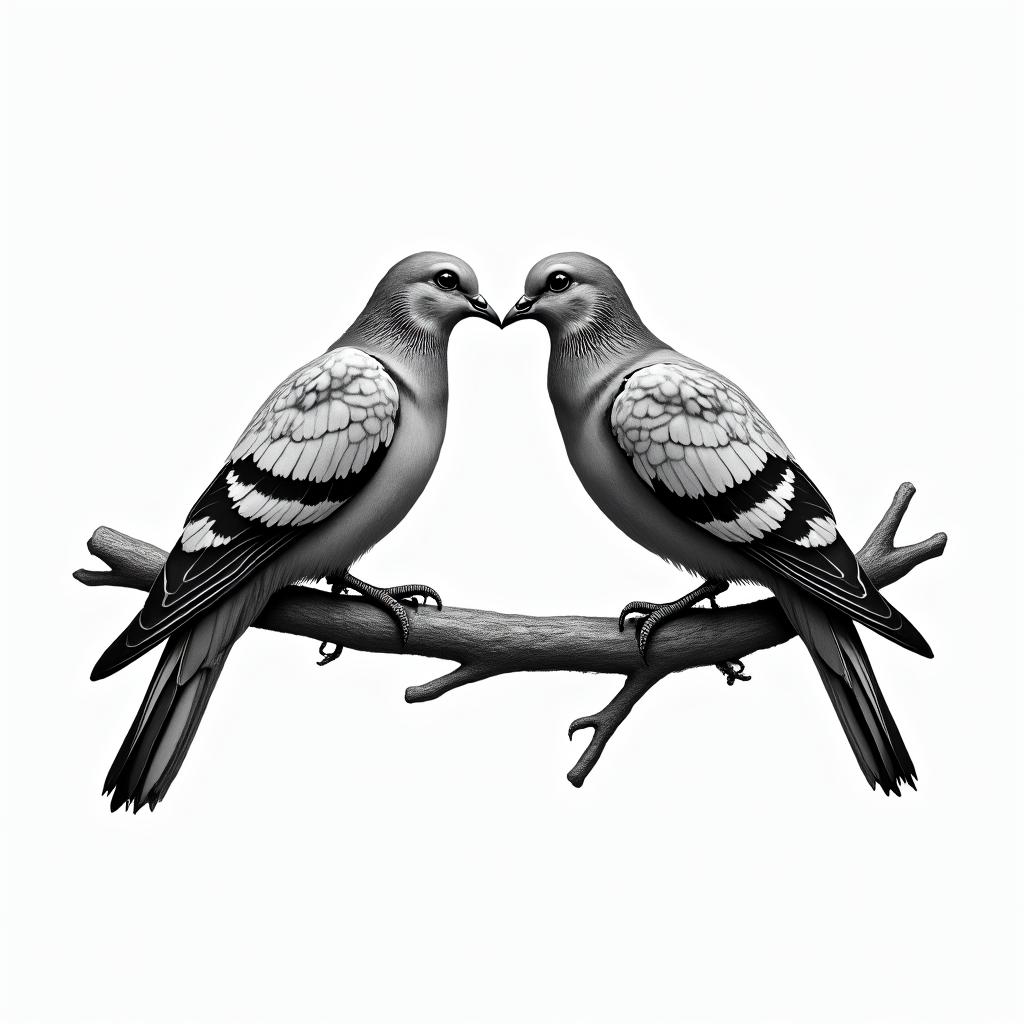 Two doves resting on a tree branch. One is alive and the other is the complete skeleton of a dove. They are facing each other and their beaks are touching. The tattoo should represent life and death.higly detailed tattoo - Variation 3
