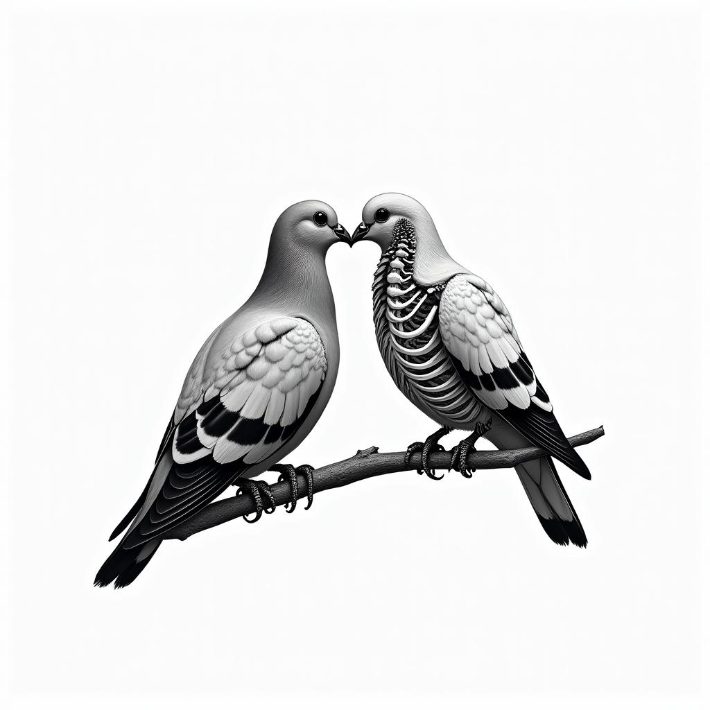 Two doves resting on a tree branch. One is alive and the other is the complete skeleton of a dove. They are facing each other and their beaks are touching. The tattoo should represent life and death.higly detailed tattoo