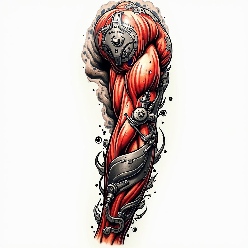 Mechanical and muscle tissue sleevein pop art style tattoo, featuring bold and vibrant colors, exaggerated outlines, iconic imagery, inspired by comic books and speech bubbles, comic book characters, retro pop culture - Variation 2