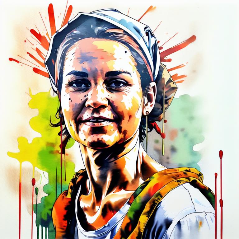  vibrant watercolor portrait with graffiti style face, fully white background, ,face with soft blending of warm and cool tones (orange, yellow, green),using shades of colors, contrast between light and shadow on the face, Bold color splashes and abstract drips in the background for a dynamic, artistic vibe, highly detailed tattoo, fully white background , dskinkpunkundefined - Variation 48