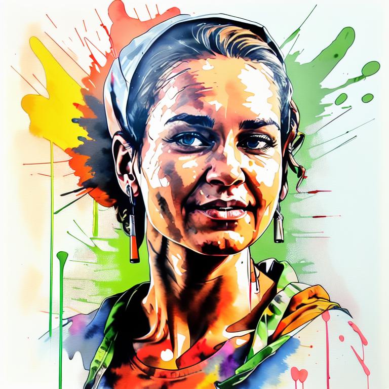 vibrant watercolor portrait with graffiti style face, fully white background, ,face with soft blending of warm and cool tones (orange, yellow, green),using shades of colors, contrast between light and shadow on the face, Bold color splashes and abstract drips in the background for a dynamic, artistic vibe, highly detailed tattoo, fully white background , dskinkpunkundefined - Variation 47