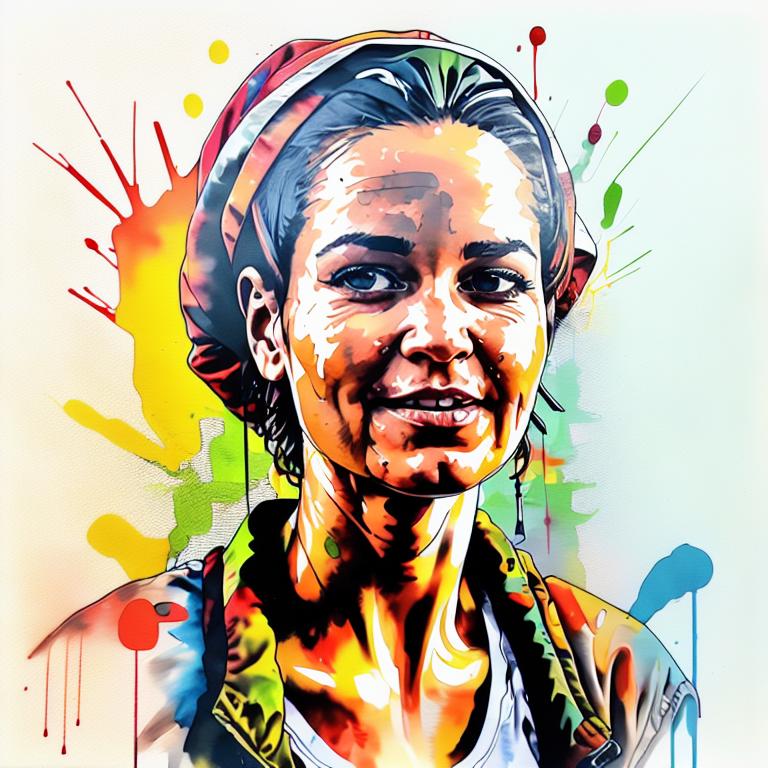  vibrant watercolor portrait with graffiti style face, fully white background, ,face with soft blending of warm and cool tones (orange, yellow, green),using shades of colors, contrast between light and shadow on the face, Bold color splashes and abstract drips in the background for a dynamic, artistic vibe, highly detailed tattoo, fully white background , dskinkpunkundefined - Variation 45