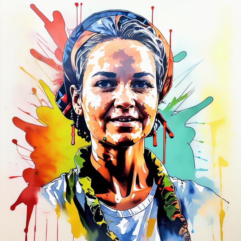  vibrant watercolor portrait with graffiti style face, fully white background, ,face with soft blending of warm and cool tones (orange, yellow, green),using shades of colors, contrast between light and shadow on the face, Bold color splashes and abstract drips in the background for a dynamic, artistic vibe, highly detailed tattoo, fully white background , dskinkpunkundefined - Variation 46