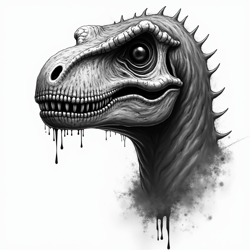 Velociraptor in horror tattoo style, showcasing haunting and unsettling, dark and gritty textures with skulls, eerie faces, jgged designs, bold and intense shading